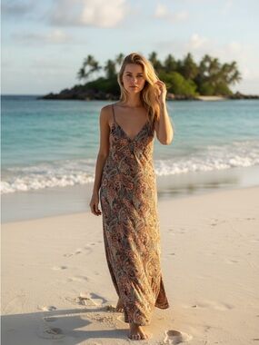 Paisley Slip Dress in Brown and Rust
